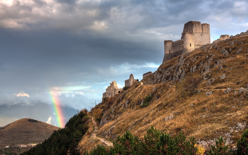 Rocca Calascio, building, 2K, Italy, castle, rainbows, ruin