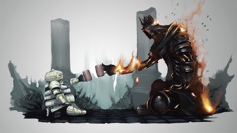 warrior, cups, Dark Souls, 1080P, robot, fire, game, Yhorm, digital art, artwork, Siegmeyer of Catarina, armor, knight, fantasy, fantasy art