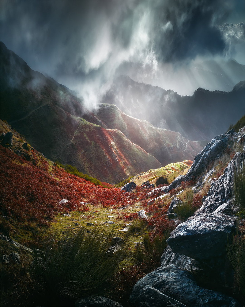 Madeira, mountains, nature, rocks, landscape, sky, Tomas Havel, 720P, sun rays, grass, cliff, clouds