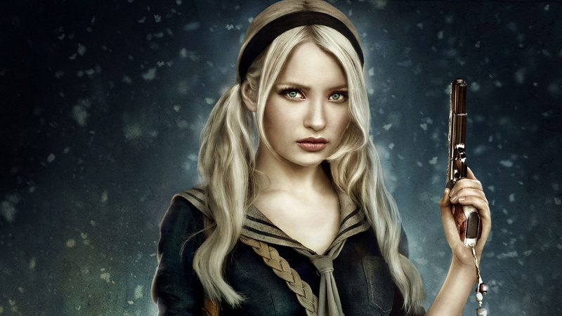 hairstyle, one person, 1080P, holding, Babydoll, clothing, movies, looking at camera, hair, beauty, women, blond hair, young adult, snowing, pistol, adult