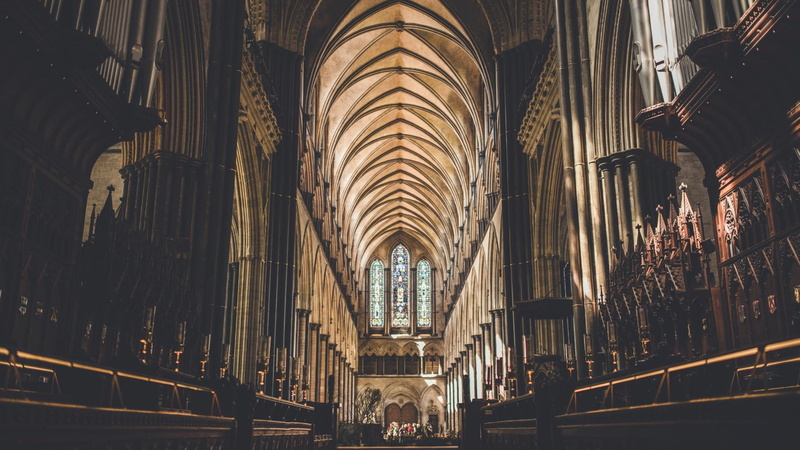 interior, church, travel destinations, cathedral, religion, gothic style, Salisbury, 1080P, outdoors, ceiling, architectural column, building, place of worship