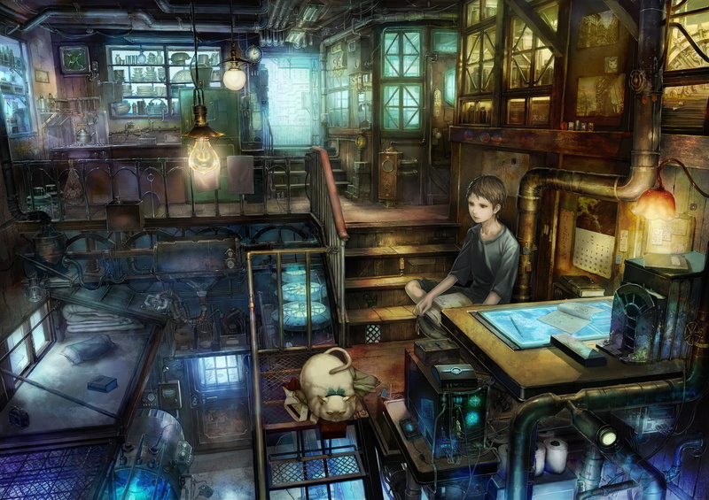 business, occupation, real people, boy, 720P, chair, anime, painting, house, one person, lighting equipment, technology, interior, men, sitting, seating