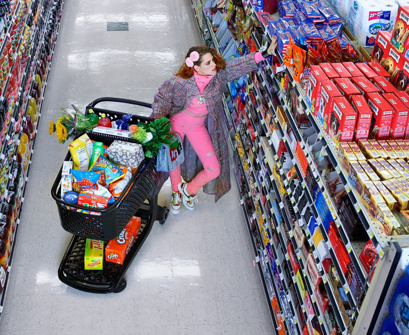 leisure activity, buying, 1080P, store, market, full length, high angle view, lifestyles, one person, groceries, casual clothing, abundance, shopping cart