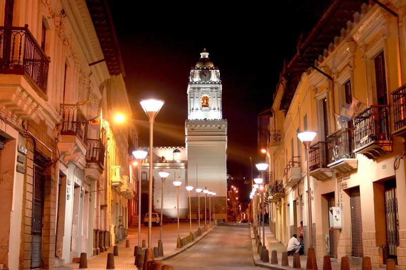 white, religion, concrete, time, quito ecuador, clock, Church, brown, building exterior, night, built structure, history, street light, travel destinations