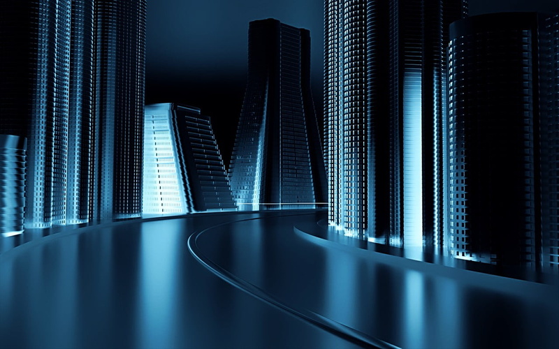 d, connection, architecture, blue, building, illuminated, skyscraper, city, office building exterior, aisle, business, reflection, high, office, science fiction