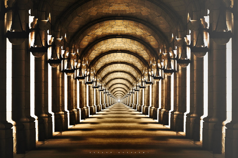 arcade, photography, building, indoors, aisle, vanishing point, corridor, architecture, ceiling, 1080P, arch, repetition, built structure, history, abbey