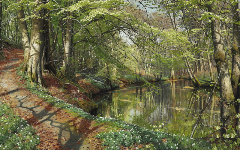 5K, oil on canvas, A spring day in the forest at Sæby, Spring day in the woods Saeby, Danish painter, Peder Mørk Mønsted, 1896, Peter Merk Of Menstad