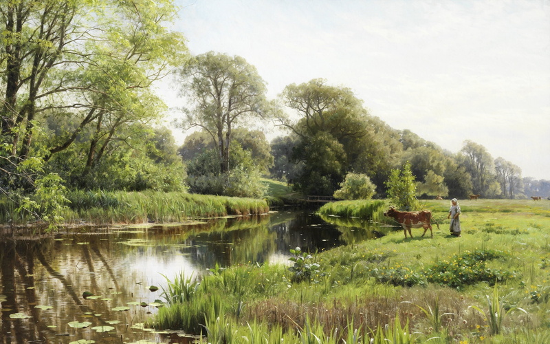 Grazing by a river, Peter Merk Of Menstad, Danish painter, Peder Mørk Mønsted, 1908, Danish realist painter, 4K, Grazing by the river