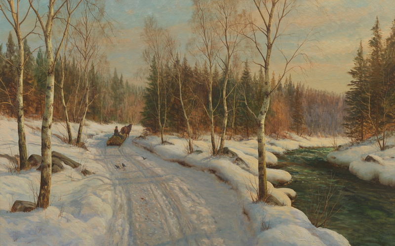 Danish painter, Sleigh ride on a Sunny winter day, 1919, Peter Merk Of Menstad, Danish realist painter, Peder Mørk Mønsted, 5K