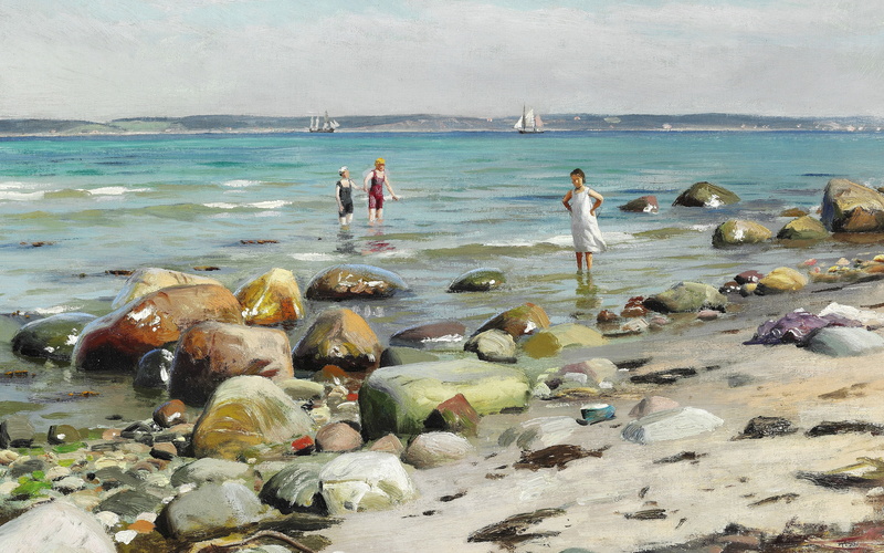Peder Mørk Mønsted, Danish painter, 5K, Peter Merk Of Menstad, Young women bathe on the beach in Alsgarde, Danish realist painter, Young women bathing at the beach at Ålsgårde
