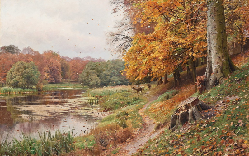 2K, deer lake, 1918, Danish painter, Autumn day in the forest, Peder Mørk Mønsted, Danish realist painter, red deer by a lake, Peter Merk Of Menstad, Autumn