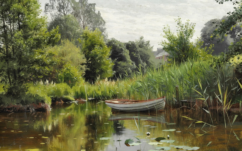 Danish realist painter, Peder Mørk Mønsted, Peter Merk Of Menstad, Danish painter, 4K, 1903, Forest lake with a row boat, A forest lake with a rowboat