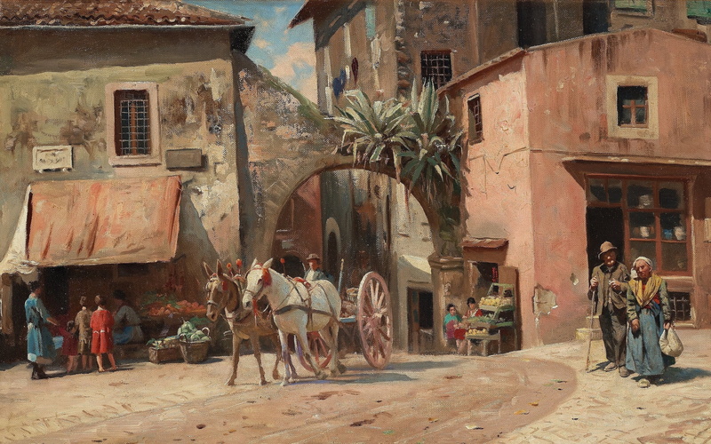 2K, Street scene from Tivoli, Italy, Danish realist painter, Danish painter, 1928, Peter Merk Of Menstad, Peder Mørk Mønsted