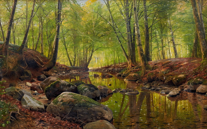 Peter Merk Of Menstad, 1900, Danish realist painter, Springday in the forest near a stream with beeches, 4K, Peder Mørk Mønsted, Spring day in the woods by a brook with flowering anemones