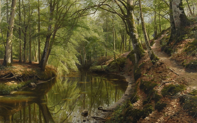 Danish realist painter, Peter Merk Of Menstad, Danish painter, A brook flowing through a spring wood, 1918, The Creek flows through a spring forest, 1080P