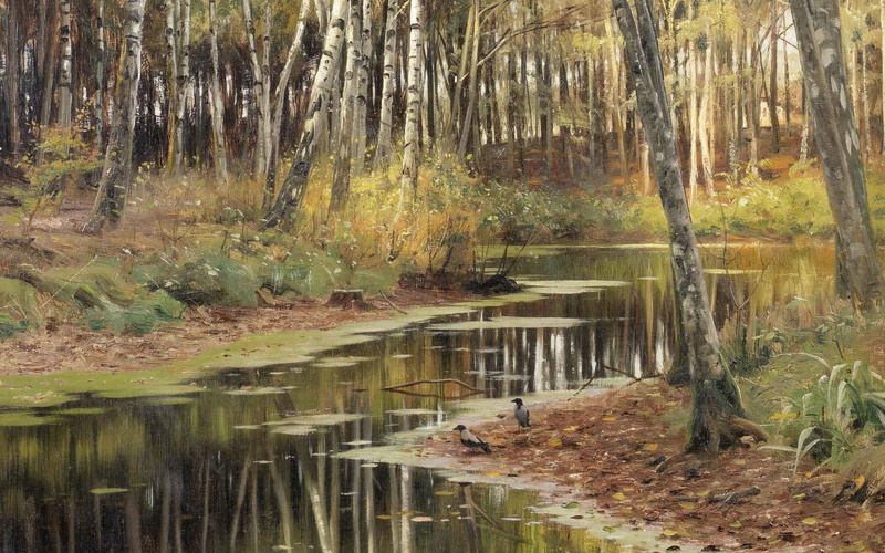 1903, Peter Merk Of Menstad, Autumn in birch grove, 1080P, oil on canvas, Autumn in the birchwood, Danish realist painter, Peder Mørk Mønsted, Danish painter