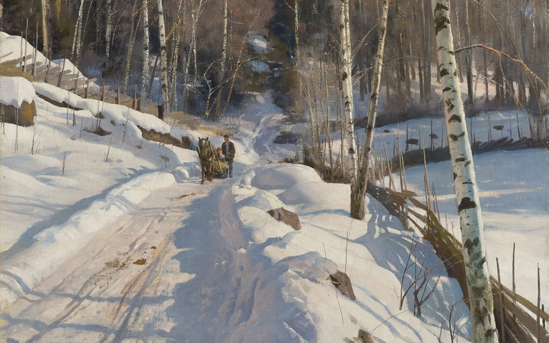 1919, Danish realist painter, Danish painter, Peter Merk Of Menstad, Sleigh ride on a sunny winter day, Peder Mørk Mønsted, 2K, Sledding in Sunny winter
