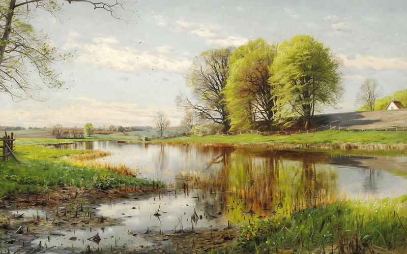 A Danish spring landscape with new-leaved beech tr, Peter Merk Of Menstad, Danish spring landscape with deciduous beeches, Peder Mørk Mønsted, Danish realist painter