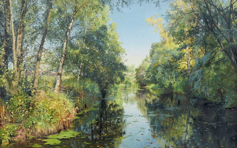 4K, Danish painter, Summer river landscape, Peder Mørk Mønsted, Peter Merk Of Menstad, 1894, A summer river landscape, Danish realist painter