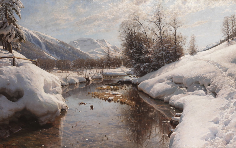 Peder Mørk Mønsted, oil on canvas, Winter sun in the Engadin, Danish painter, 1914, Danish realist painter, Winter sun in Engadin, 4K, Peter Merk Of Menstad