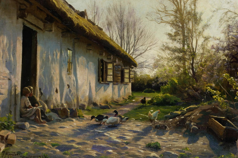 yard, 1080P, Peter Merk Of Menstad, landscape, Peder Mørk Mønsted, Children Feeding Ducks at Dawn, birds, picture