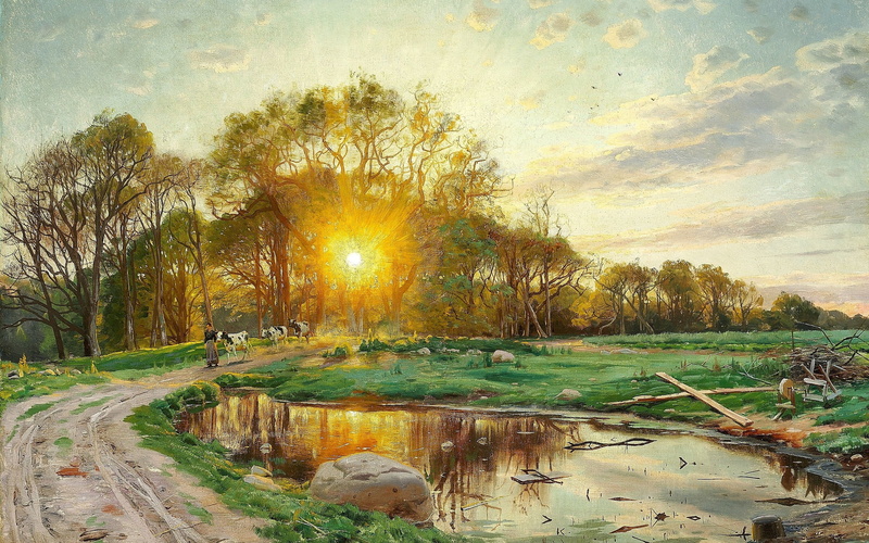 1897, Peter Merk Of Menstad, Danish painter, Peder Mørk Mønsted, 2K, The sun sets behind the trees. Summer