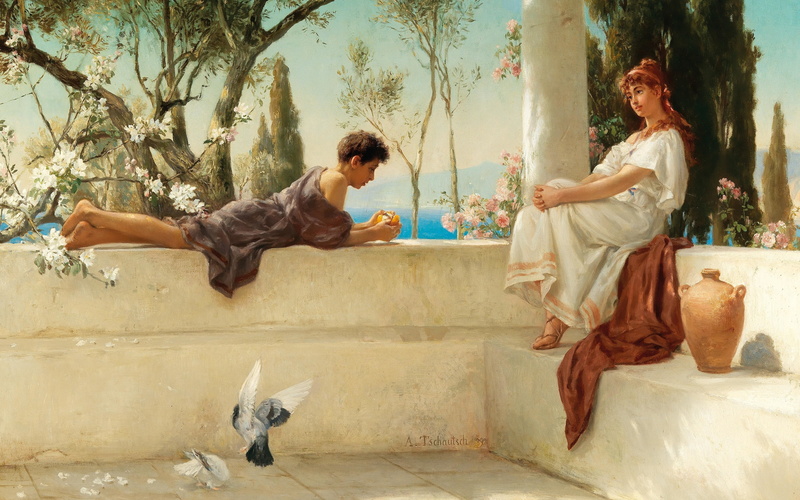Albert Couch, Albert Tschautsch, On the terrace, German painter, 4K, 1892, At the veranda, oil on canvas