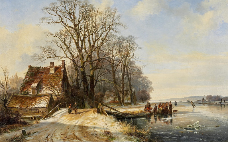 Winter landscape with Skaters on the ice from, Danish painter, 1844, Frans Arnold  Broykhaus de Groot, oil on canvas, 2K, Winter landscape with skaters on the ice