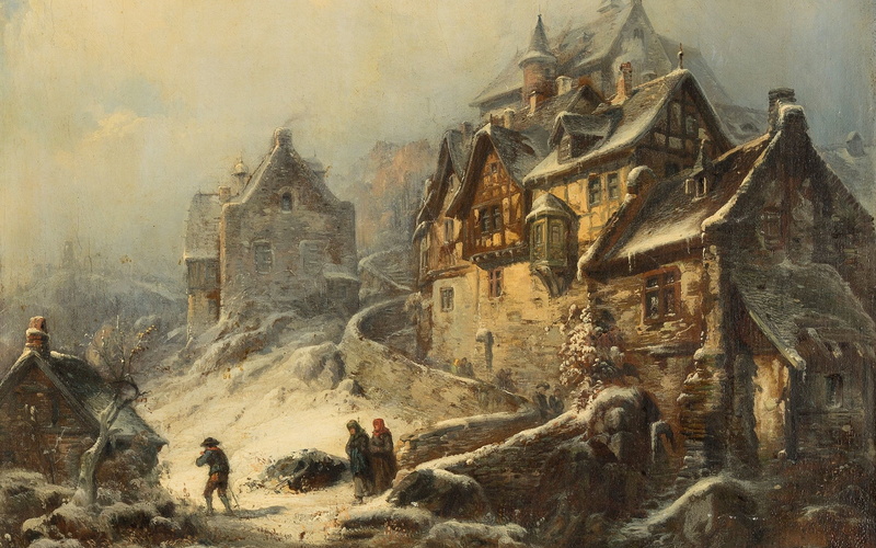 Peter Joseph Minion, City scene in winter, oil on relined canvas, Peter Joseph Minjon, German painter, Urban scene in winter, 2K