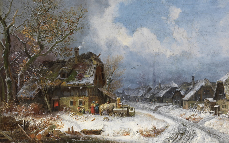 Wintry village, German genre and landscape painter, 1845, oil on canvas, the German genre and landscape painter, Heinrich Bürkel, Winter Village, 4K, Henry