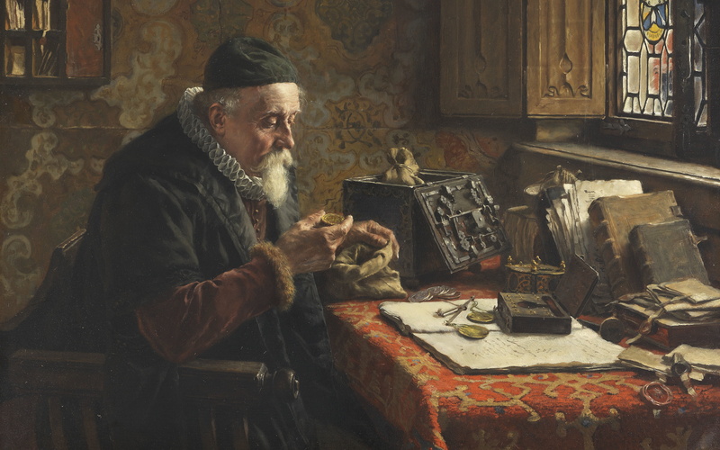 1900 - 1920, The Coin Collector, Coins collector, Max Gaisser, German painter, 4K, oil on canvas