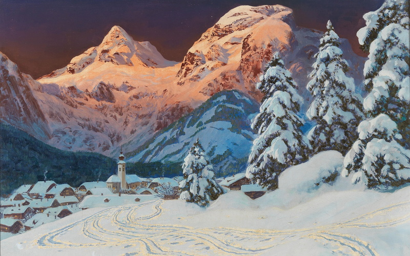 oil on canvas, Winter on the Lofer, Austrian painter, Alois Arnegger, Austrian landscape painter, Winter in Lofer, 4K
