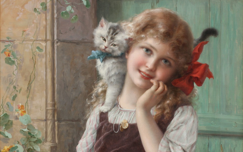 Paul Emile Vernon, 1913, Emile Vernon, oil on canvas, Young girl with kittens, 2K, French painter