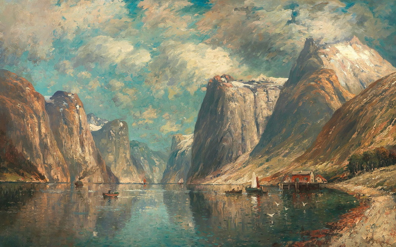 The landscape of the fjord, Adolf Kaufmann, Austrian painter, Fjord Landscape, oil on canvas, 4K