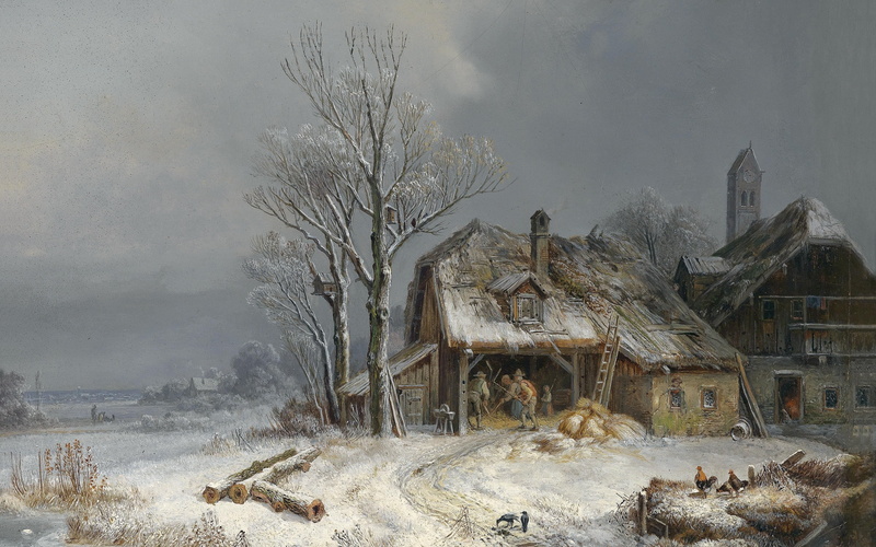 German genre and landscape painter, oil on canvas, In the barn grain is threshed, Henry Burkel, Wintry village, Winter Village, Heinrich Bürkel, 4K, 1865