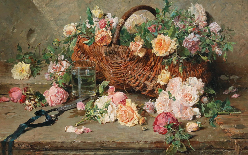 Francois Adolphe Grison, Still life of roses with basket, Still life of roses with a basket, 2K, oil on canvas, French painter, François-Adolf Griso