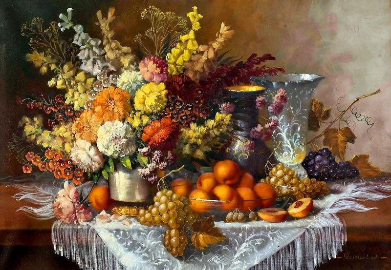 Artistic, Vase, Flower, Fruit, Painting, Still Life, 1080P, Colorful