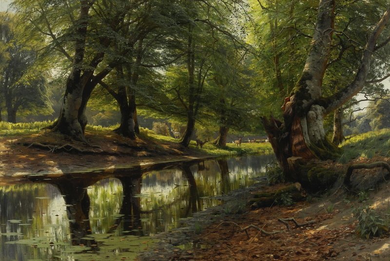 trees, 1080P, picture, The stream in the Valley. The deer in the Distance, landscape, Peter Merk Of Menstad, nature, Peder Mørk Mønsted