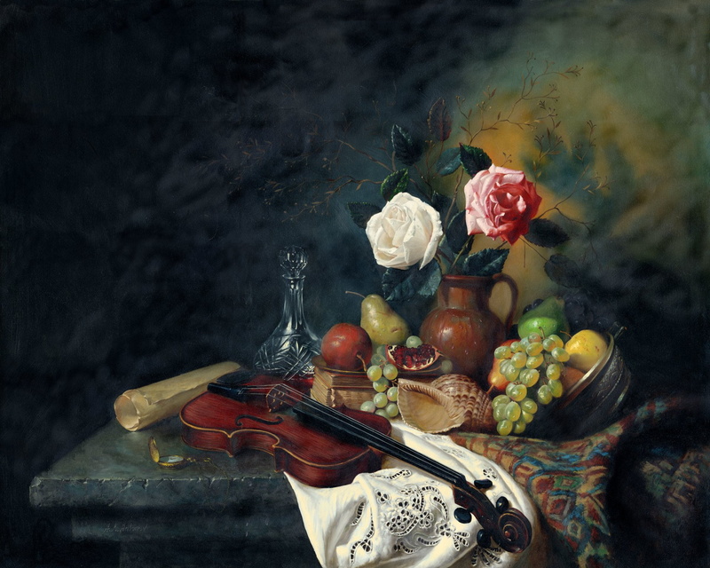 Violin, 1080P, Colorful, Artistic, Still Life, Vase, Flower, Fruit, Painting