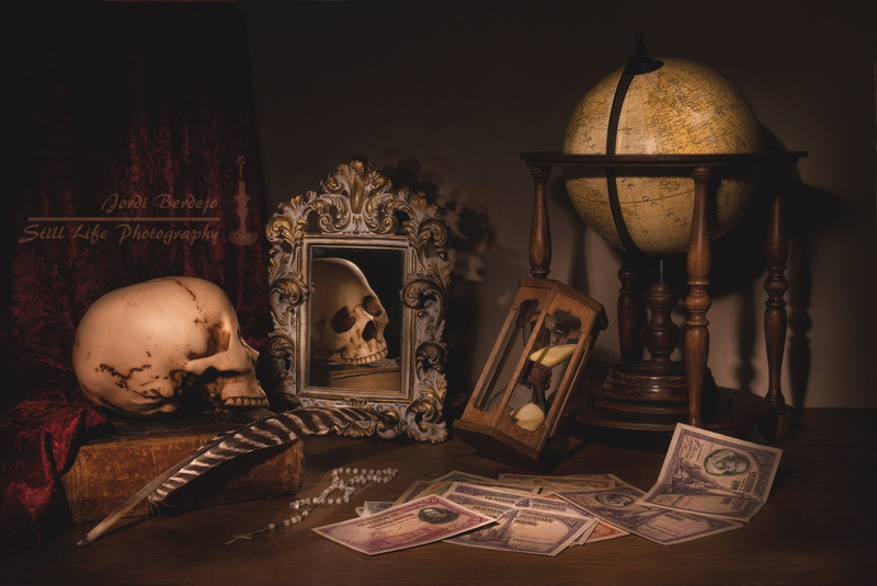 money, watch, mirror, pen, globe, books, 2K, skull, still life