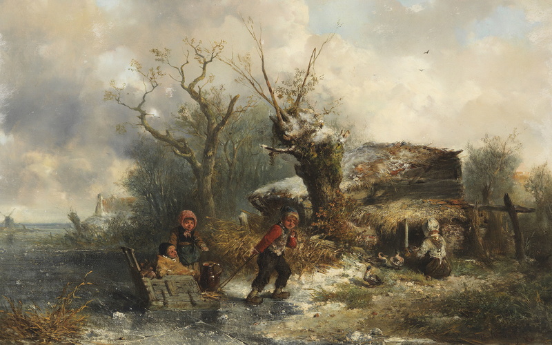 Winter landscape with children playing, 4K, Johan Mari Ten Kate, oil on canvas, Dutch painter