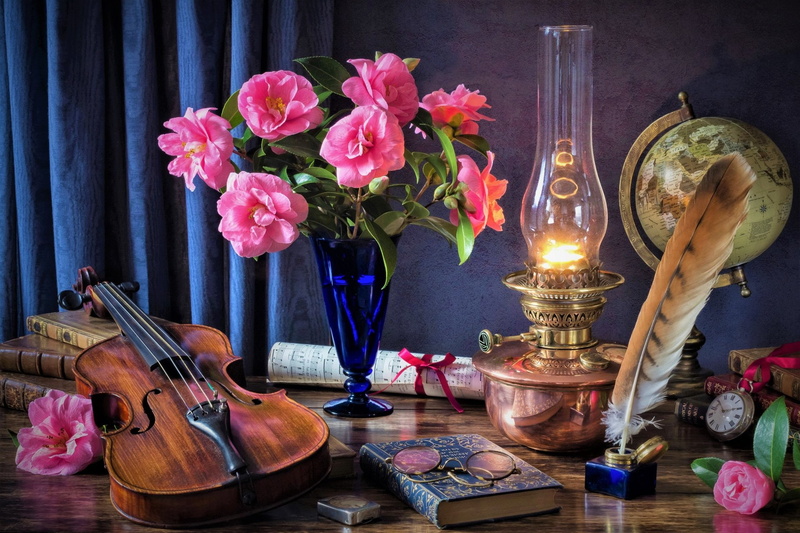 Still Life, Globe, Oil Lamp, Vase, Scroll, Pocket Watch, Flower, Quill, 1080P, Pink Flower, Book, Photography, Violin