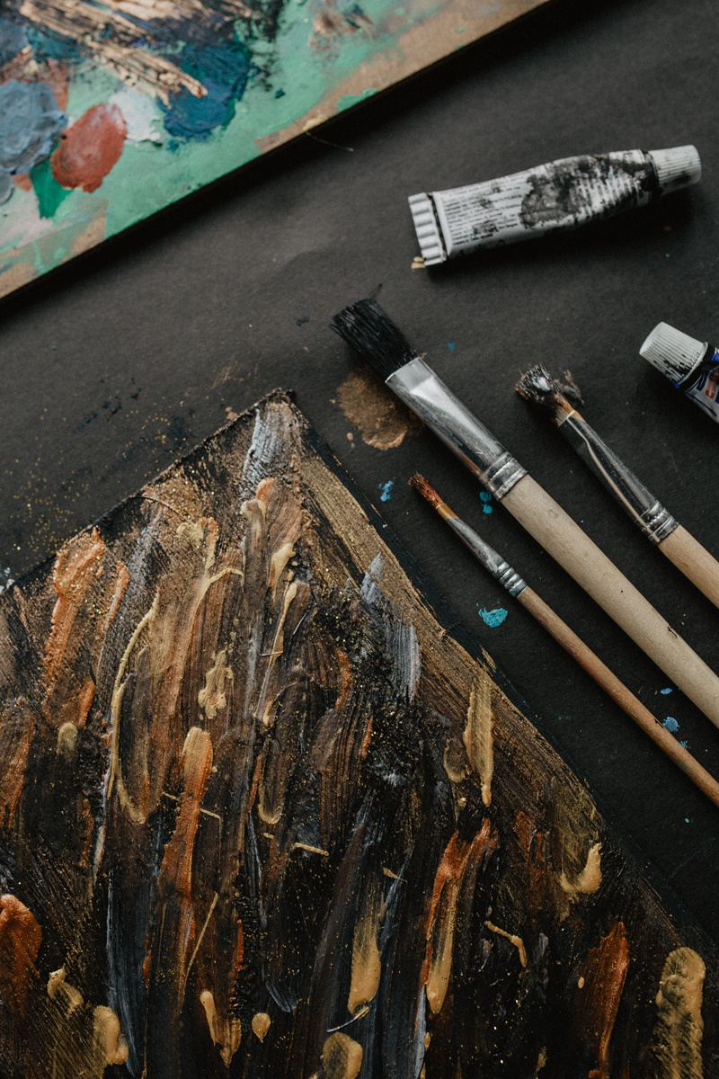 brush, close-up, painting, craft, paint, art and craft equipment, paintbrush, palette, large group of objects, indoors, brushes, painter, table, artist