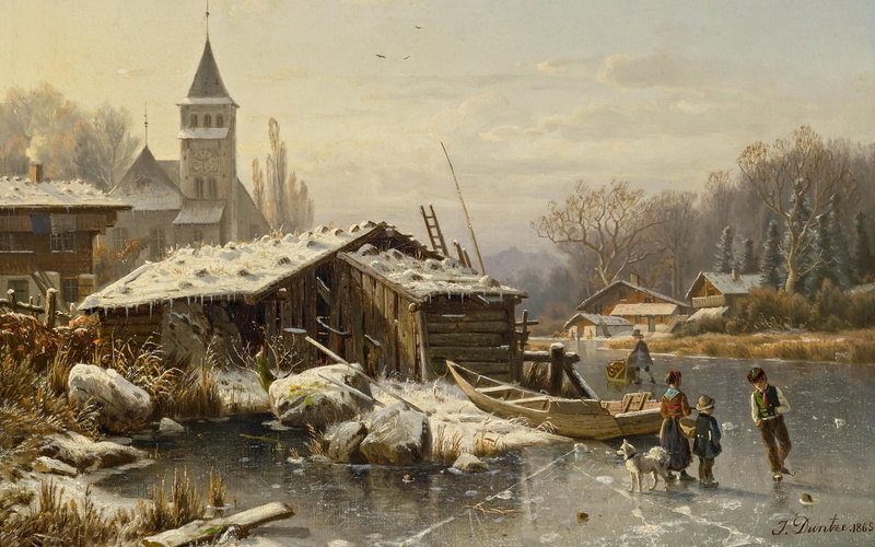 2K, Johannes Bartholomew Dunta, oil on canvas, Wintertag, John Bartholo Mouse Duntze, 1865, German landscape painter, Winter day
