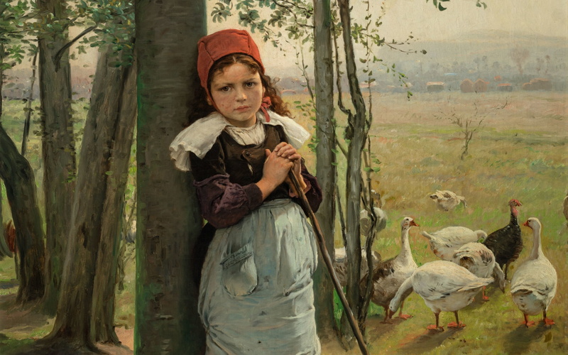 Vaclav Brozík, Cowgirl geese, Goose Girl, 2K, National Gallery in Prague, 1880, oil on canvas, Václav Brožík, Czech painter, Mother goose