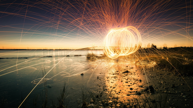 sparks, land, photography, beach, reflection, 4K, wool, river, blurred motion, steel, firework, water, night, glowing, illuminated, outdoors, sky, spinning