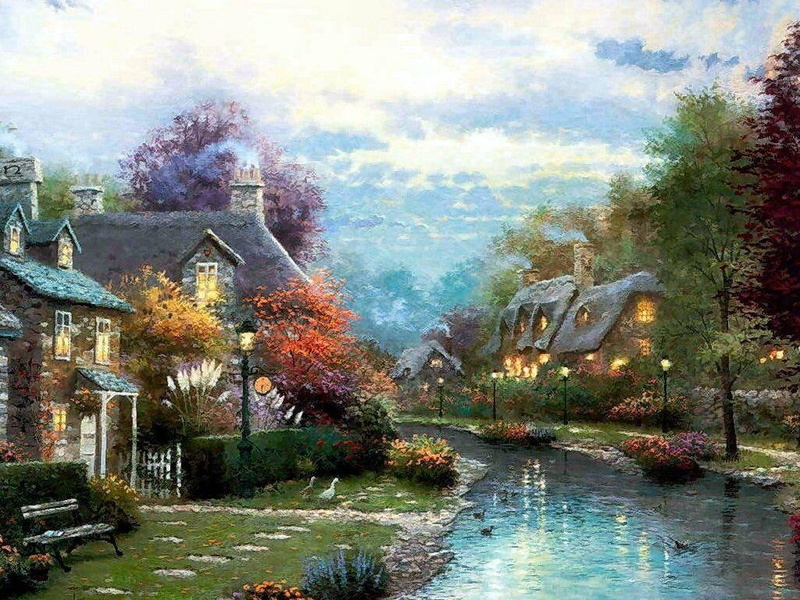 painter, 480P, wren, lamplight, hd, sky, pa, river, krinkade, bench, trees, art, spring, nature, lamplights, brook, flowers, painting, houses, pretty