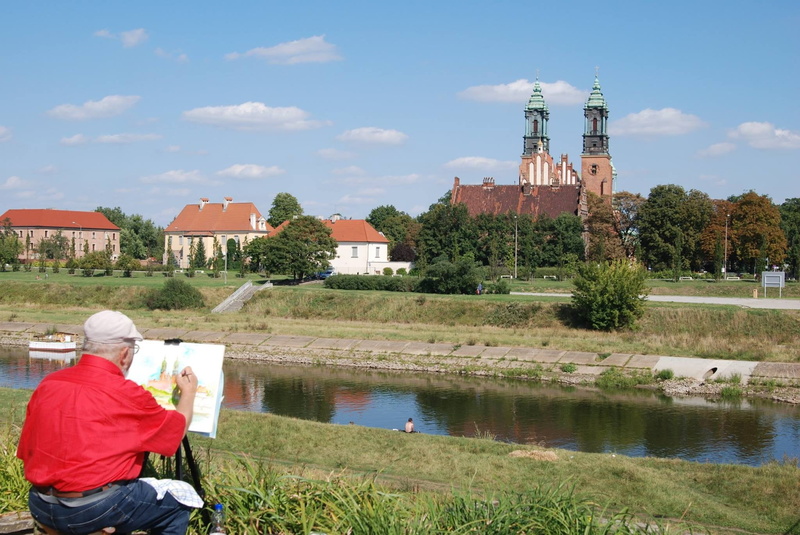 one person, plant, water, poznań, nature, men, lake, culture, day, built structure, artist, church, history, reflection, christianity, cathedral, painter