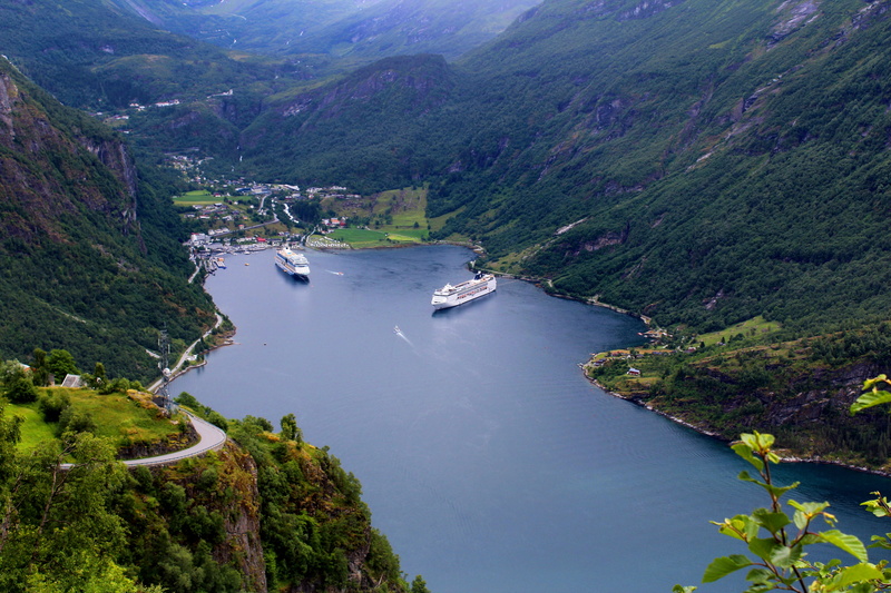 environment, no people, bay, outdoors, nature, forest, geiranger, two, panoramic, land, water, plant, scenics - nature, cruise ships, norwegian fjord, travel