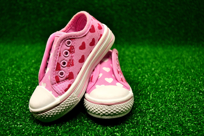 toddler, grass, cute, sandal, red, sport, outdoors, green, sneaker, small, close-up, fabric, no people, green color, sneakers, sports shoes, heart, pair
